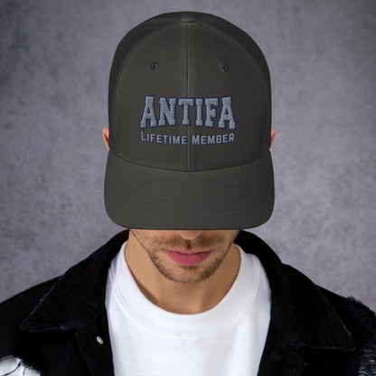 Antifa Lifetime Member Embroidered Trucker Hat | Anti-Fascist Statement Cap - Spinsterly Co