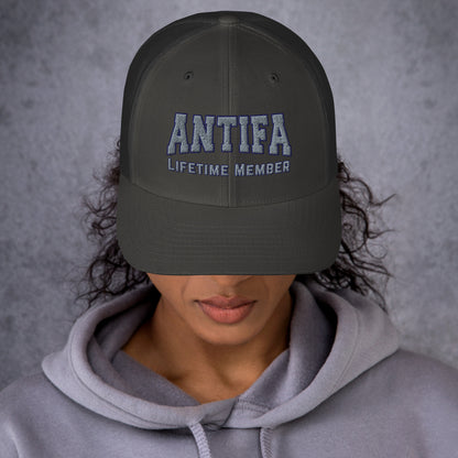 Antifa Lifetime Member Embroidered Trucker Hat | Anti-Fascist Statement Cap - Spinsterly Co