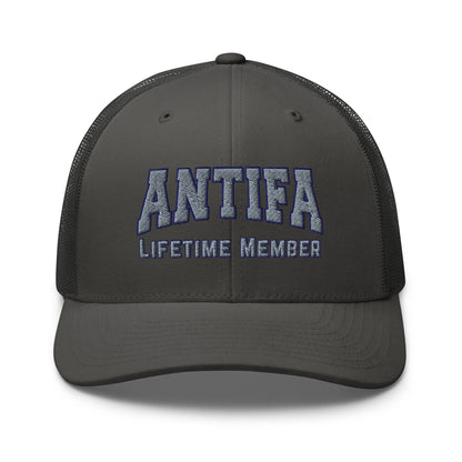 Antifa Lifetime Member Embroidered Trucker Hat | Anti-Fascist Statement Cap - Spinsterly Co