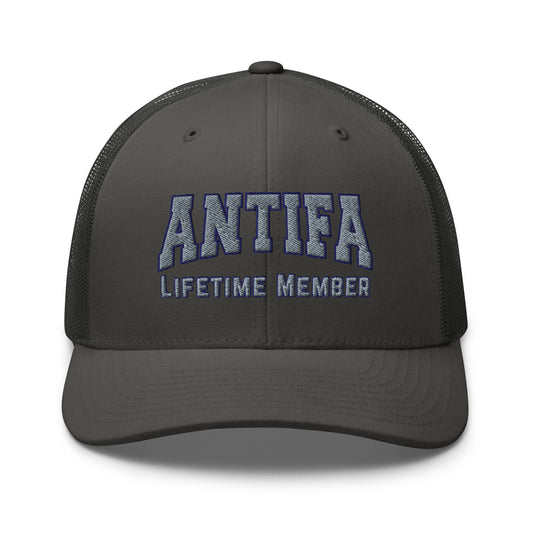 Antifa Lifetime Member Embroidered Trucker Hat | Anti-Fascist Statement Cap - Spinsterly Co