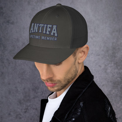 Antifa Lifetime Member Embroidered Trucker Hat | Anti-Fascist Statement Cap - Spinsterly Co