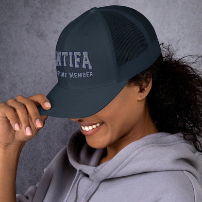 Antifa Lifetime Member Embroidered Trucker Hat | Anti-Fascist Statement Cap - Spinsterly Co