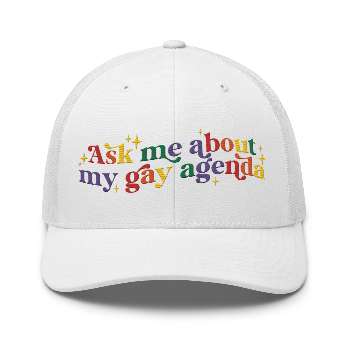 Ask Me About My Gay Agenda Trucker Hat | LGBTQIA+ Pride Cap - Spinsterly Co