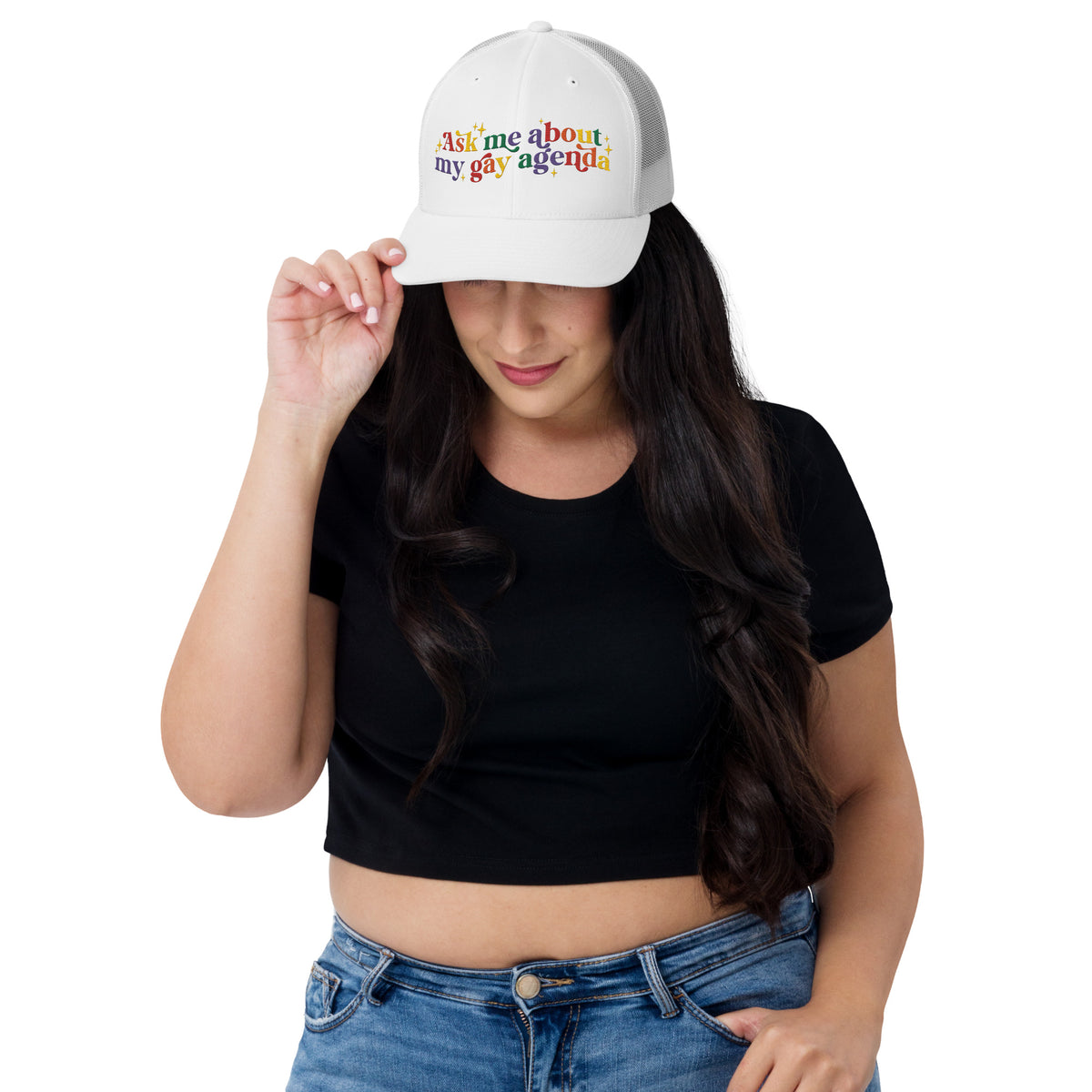 Ask Me About My Gay Agenda Trucker Hat | LGBTQIA+ Pride Cap - Spinsterly Co