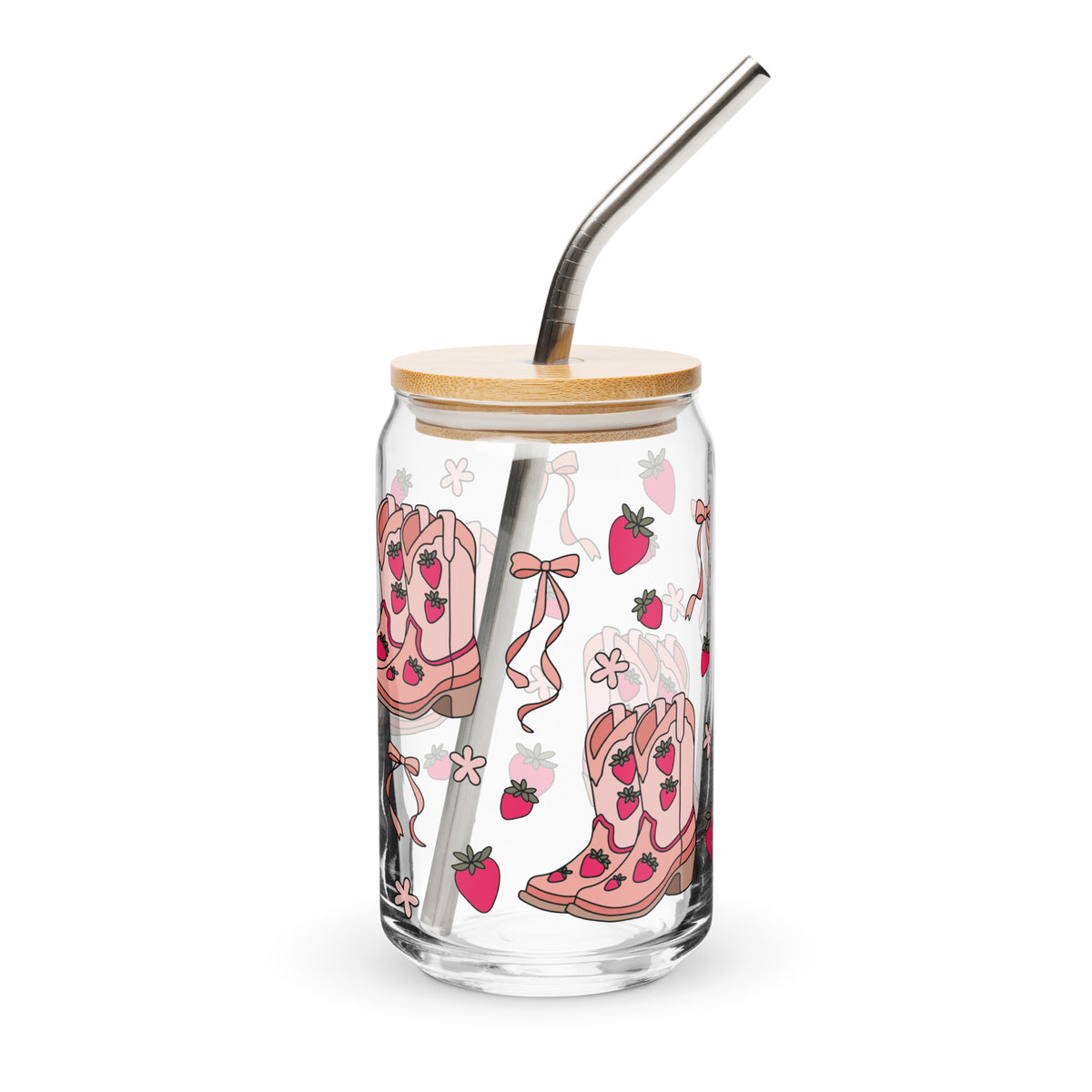 Coquette Cowgirl Strawberry Can Glass Tumbler | Pink Boots & Bows Iced Coffee Cup - Spinsterly Co