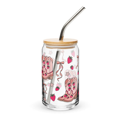 Coquette Cowgirl Strawberry Can Glass Tumbler | Pink Boots & Bows Iced Coffee Cup - Spinsterly Co