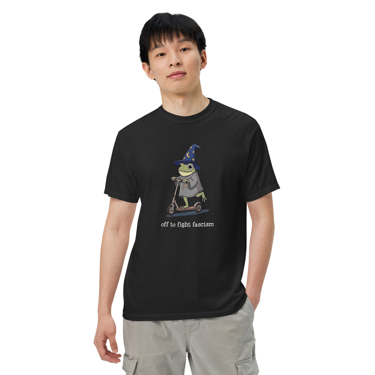 Off to Fight Fascism Wizard Frog Graphic Tee | Political Humor Statement Tee - Spinsterly Co
