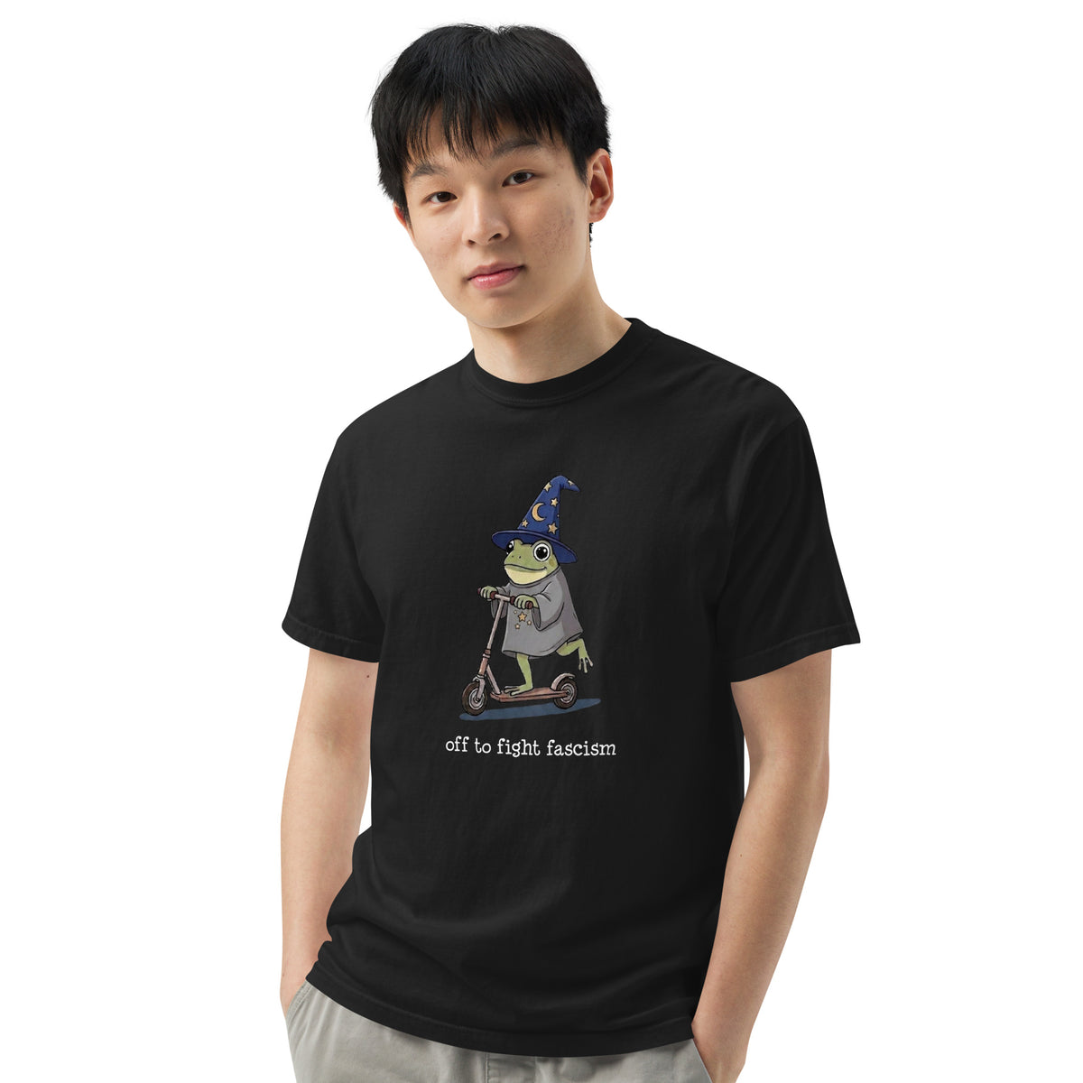 Off to Fight Fascism Wizard Frog Graphic Tee | Political Humor Statement Tee - Spinsterly Co