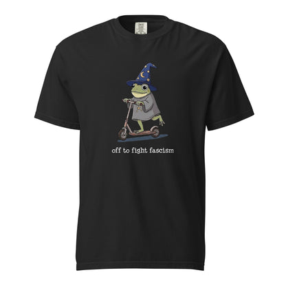 Off to Fight Fascism Wizard Frog Graphic Tee | Political Humor Statement Tee - Spinsterly Co