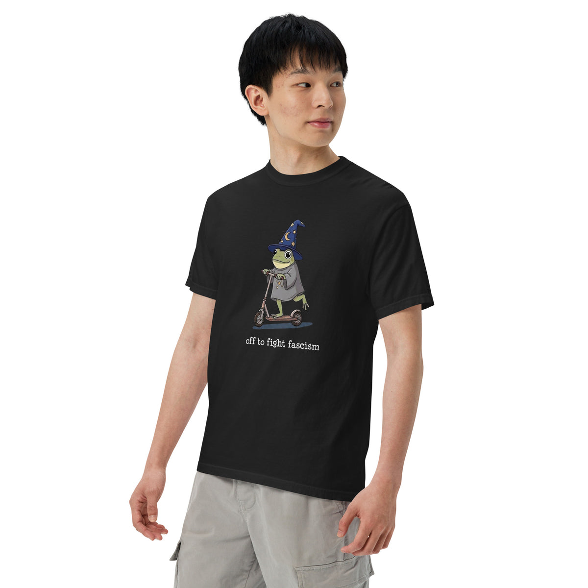 Off to Fight Fascism Wizard Frog Graphic Tee | Political Humor Statement Tee - Spinsterly Co
