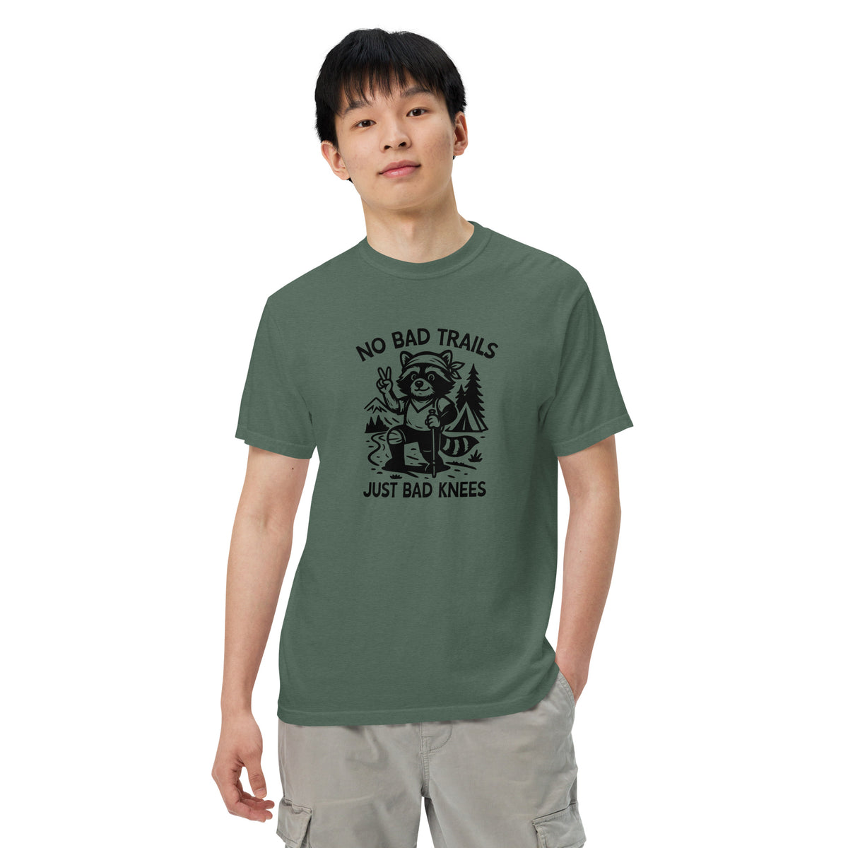 No Bad Trails Just Bad Knees Hiking Raccoon Garment-Dyed Heavyweight T-Shirt | Funny Hiking Gift S-4XL - Spinsterly Co
