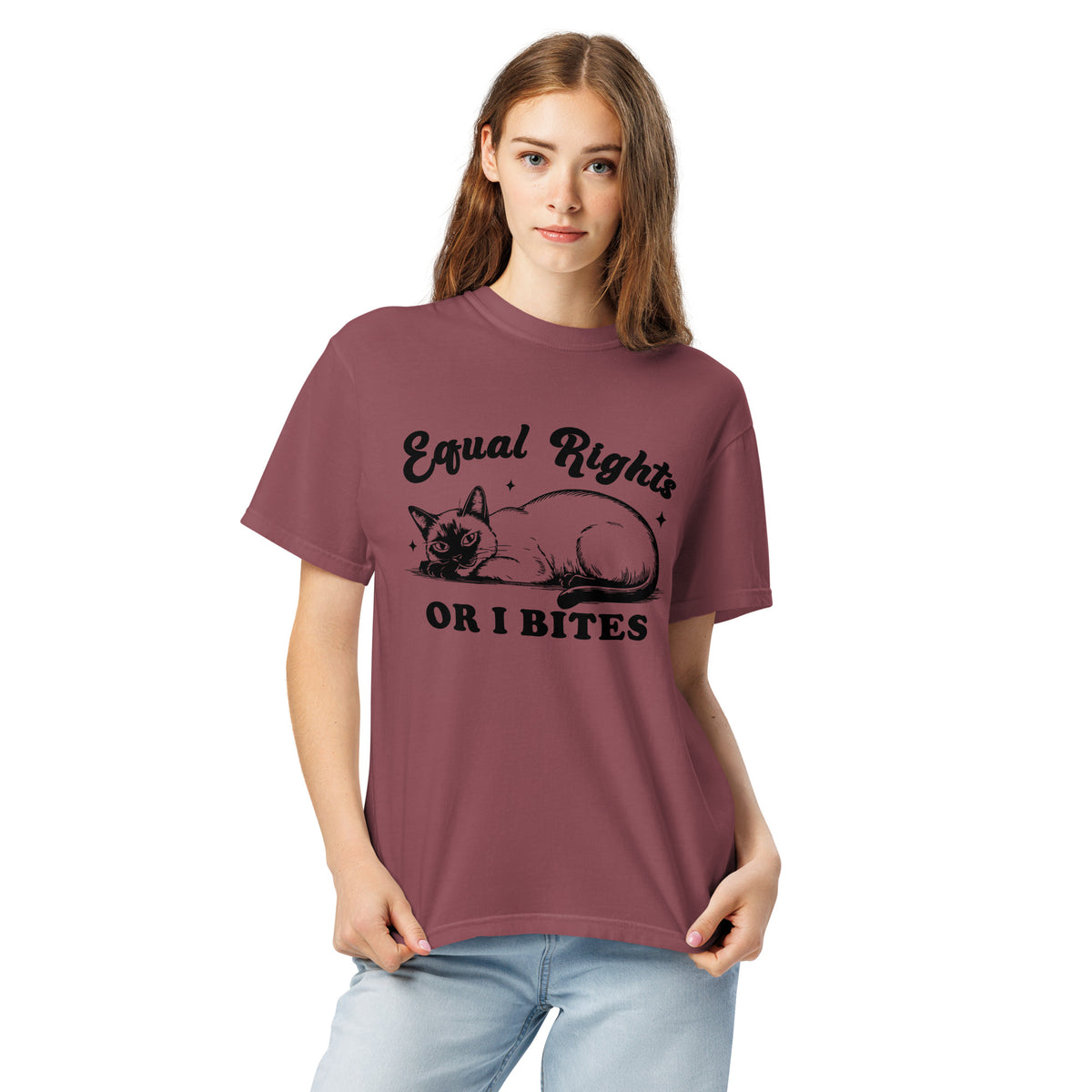 Equal Rights or I Bites Cat T-Shirt | Funny Feminist Garment-Dyed Heavyweight Tee - Spinsterly Co