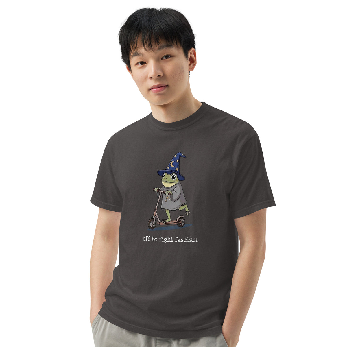 Off to Fight Fascism Wizard Frog Graphic Tee | Political Humor Statement Tee - Spinsterly Co