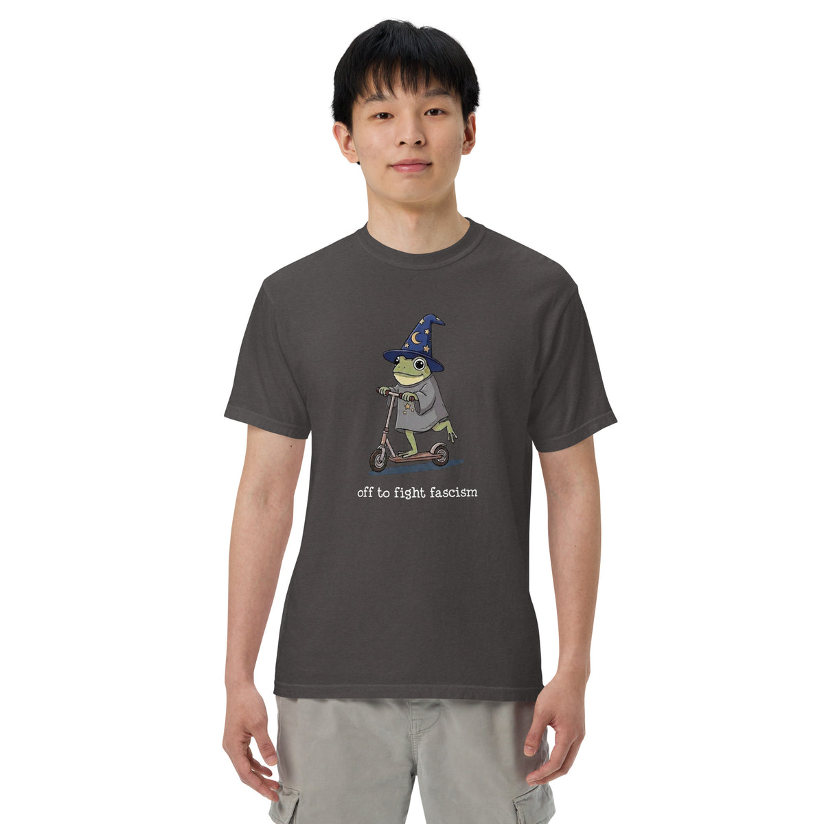 Off to Fight Fascism Wizard Frog Graphic Tee | Political Humor Statement Tee - Spinsterly Co