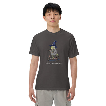 Off to Fight Fascism Wizard Frog Graphic Tee | Political Humor Statement Tee - Spinsterly Co