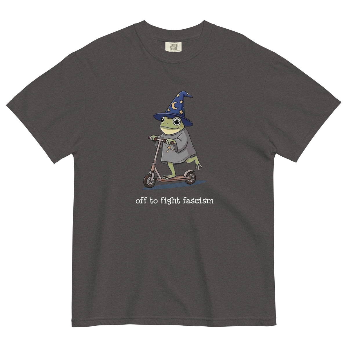 Off to Fight Fascism Wizard Frog Graphic Tee | Political Humor Statement Tee - Spinsterly Co