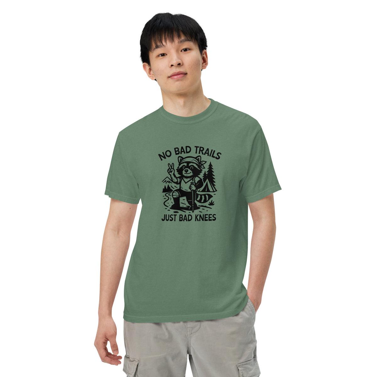 No Bad Trails Just Bad Knees Hiking Raccoon Garment-Dyed Heavyweight T-Shirt | Funny Hiking Gift S-4XL - Spinsterly Co
