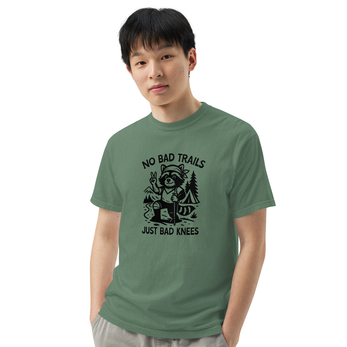 No Bad Trails Just Bad Knees Hiking Raccoon Garment-Dyed Heavyweight T-Shirt | Funny Hiking Gift S-4XL - Spinsterly Co