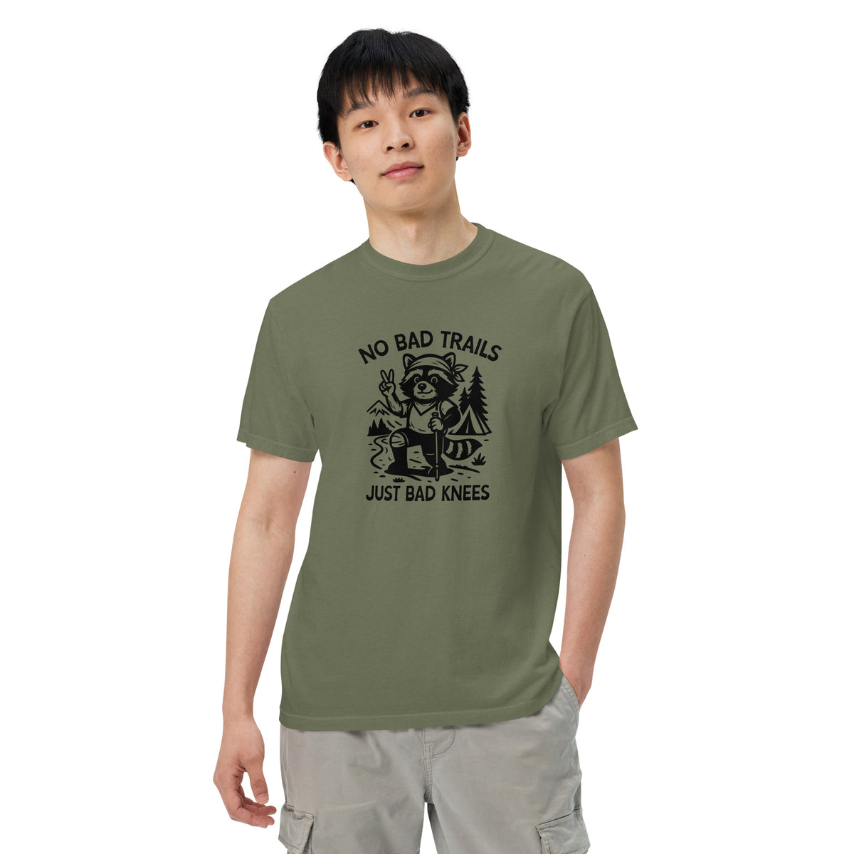 No Bad Trails Just Bad Knees Hiking Raccoon Garment-Dyed Heavyweight T-Shirt | Funny Hiking Gift S-4XL - Spinsterly Co