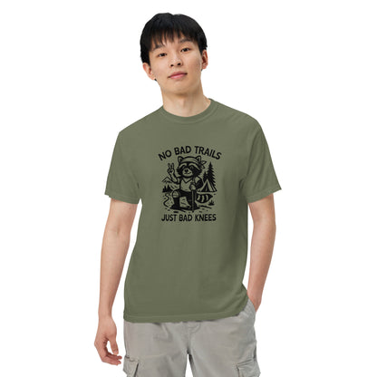 No Bad Trails Just Bad Knees Hiking Raccoon Garment-Dyed Heavyweight T-Shirt | Funny Hiking Gift S-4XL - Spinsterly Co