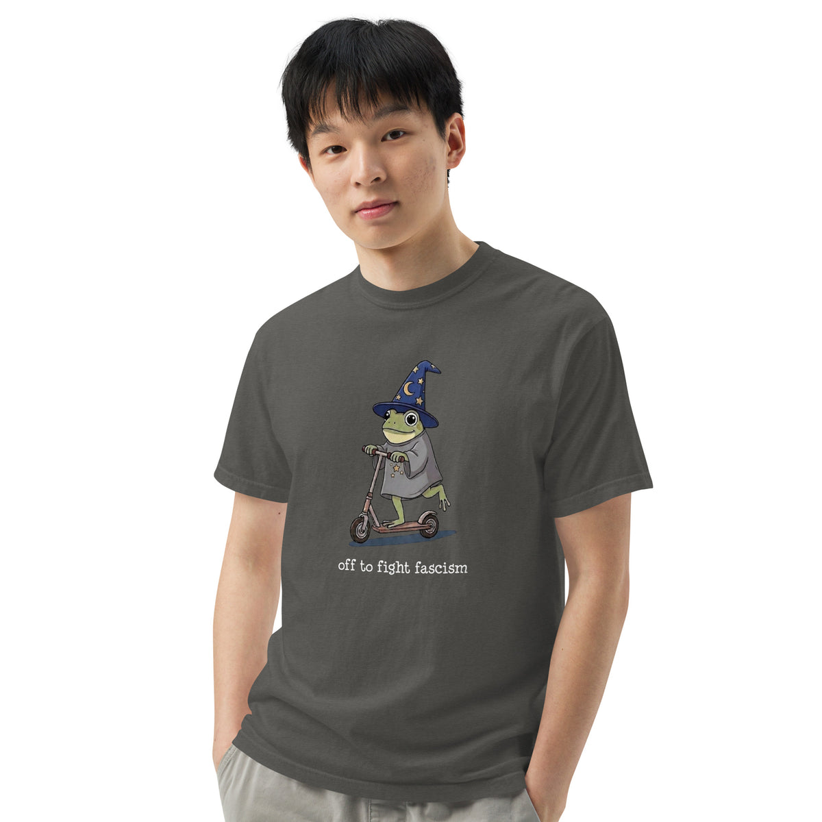 Off to Fight Fascism Wizard Frog Graphic Tee | Political Humor Statement Tee - Spinsterly Co