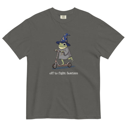 Off to Fight Fascism Wizard Frog Graphic Tee | Political Humor Statement Tee - Spinsterly Co