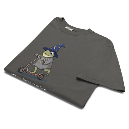 Off to Fight Fascism Wizard Frog Graphic Tee | Political Humor Statement Tee - Spinsterly Co