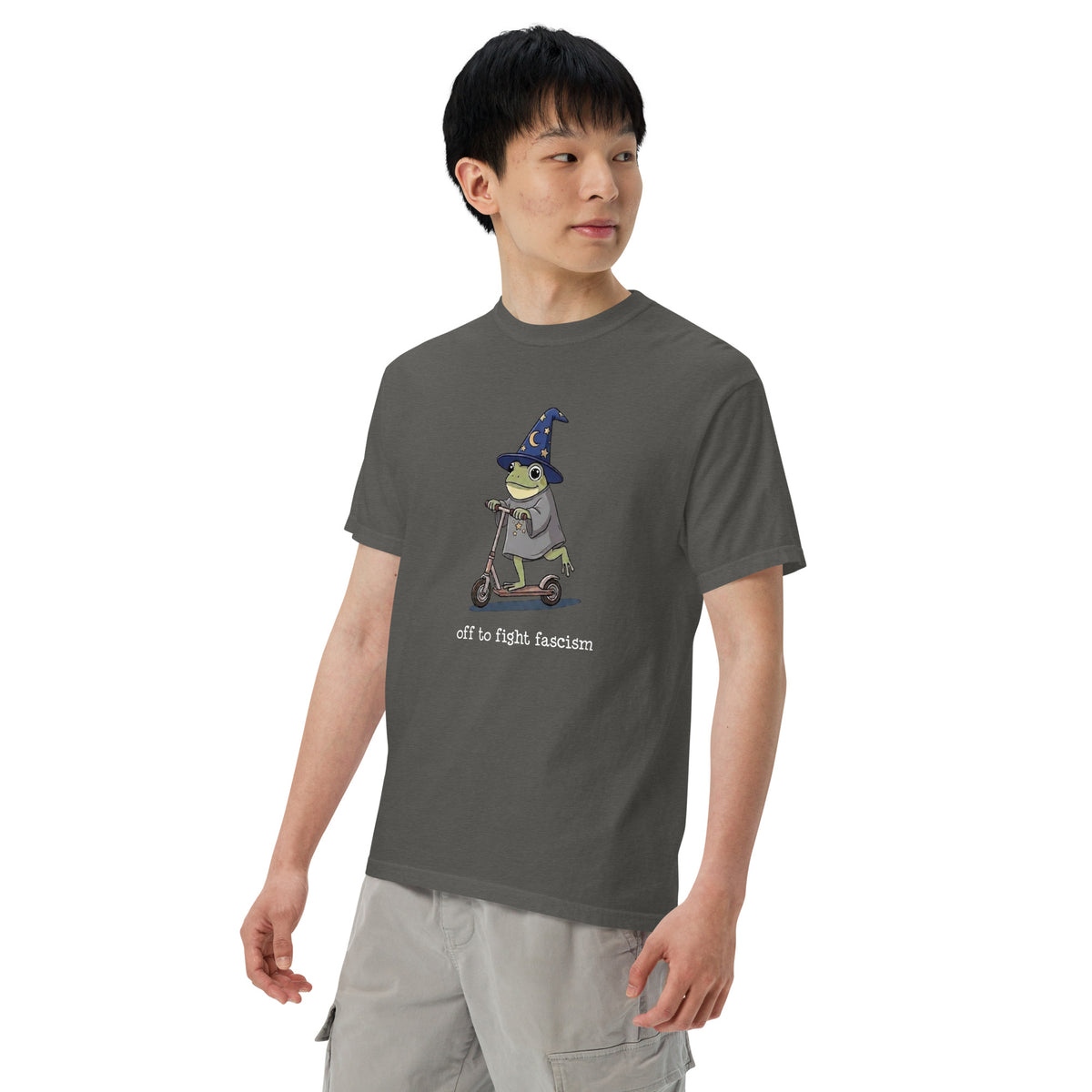 Off to Fight Fascism Wizard Frog Graphic Tee | Political Humor Statement Tee - Spinsterly Co