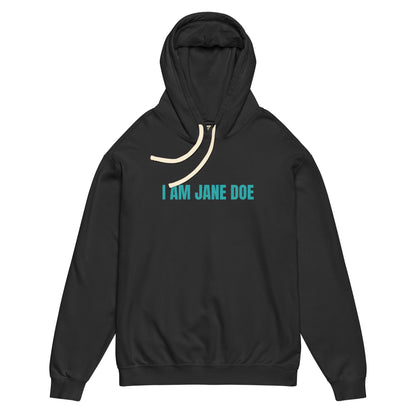 Black hoodie with a graphic text that reads 'I AM JANE DOE' on a white background