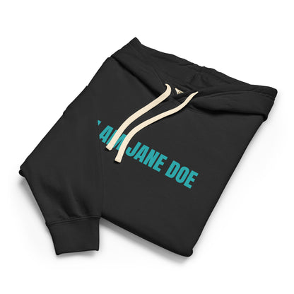 Black hoodie with 'I AM JANE DOE' text on a white background