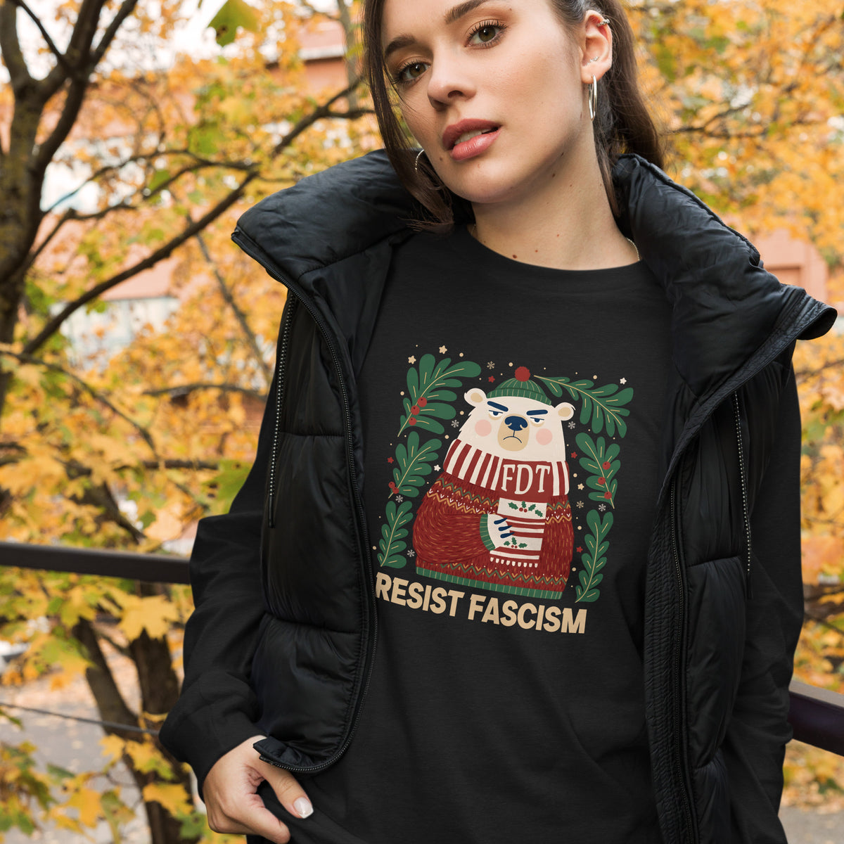 Resist Fascism Polar Bear Christmas Long Sleeve Shirt