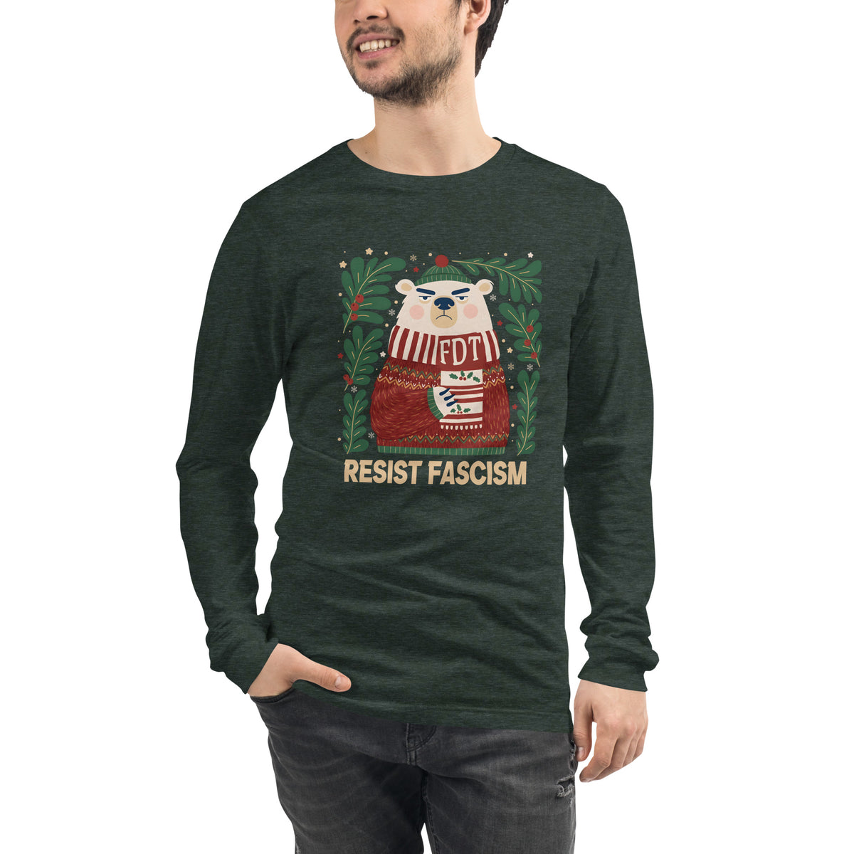 Resist Fascism Polar Bear Christmas Long Sleeve Shirt
