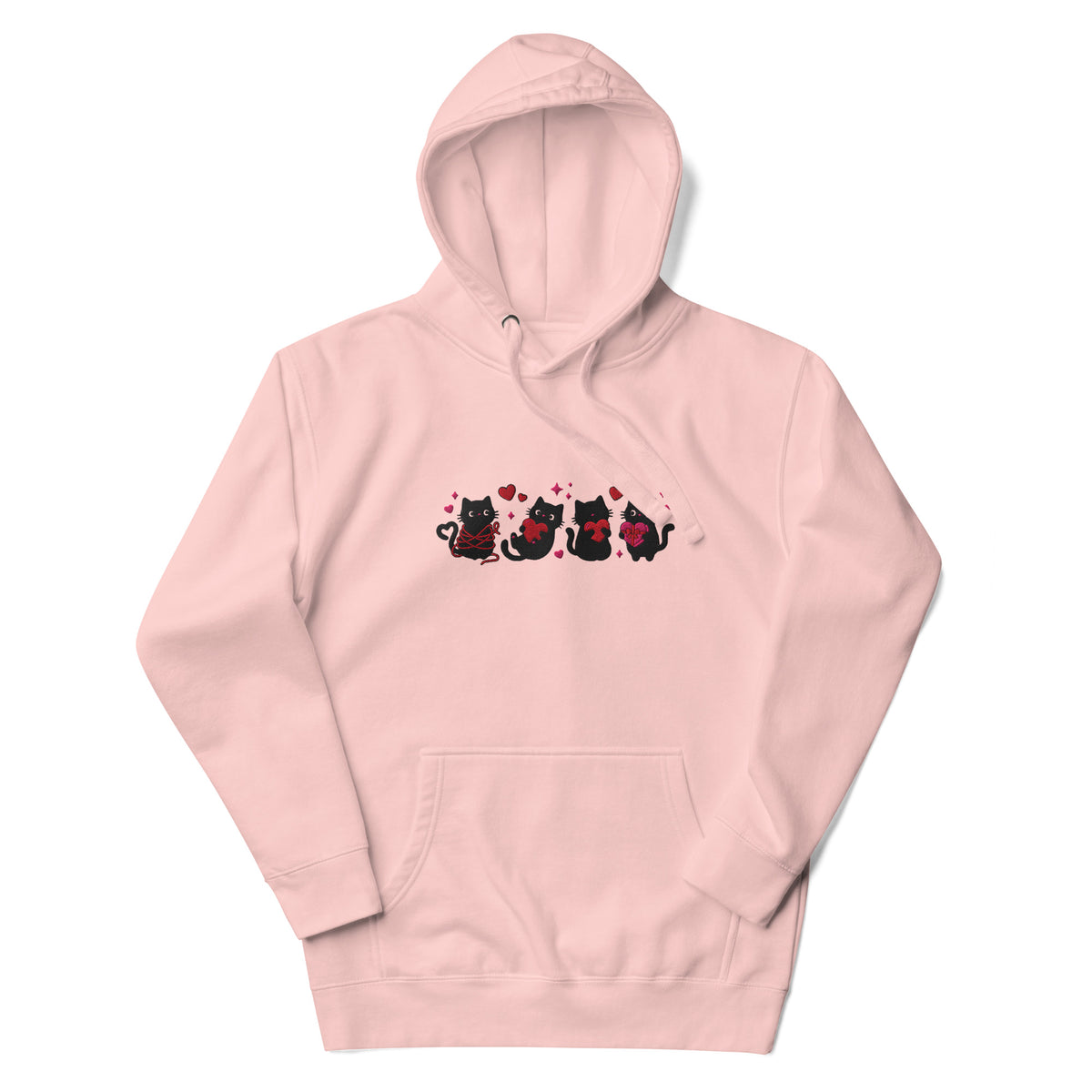 Black Cat Hearts Embroidered Hoodie | Kawaii Cat Valentine Pullover Sweatshirt - Spinsterly Co
