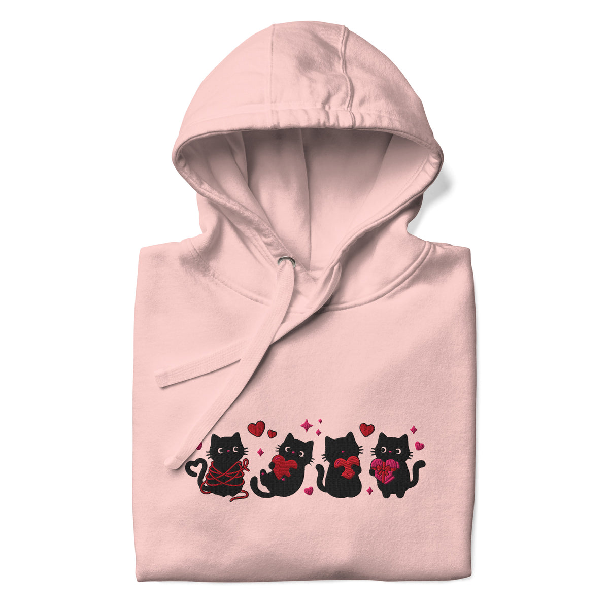 Black Cat Hearts Embroidered Hoodie | Kawaii Cat Valentine Pullover Sweatshirt - Spinsterly Co