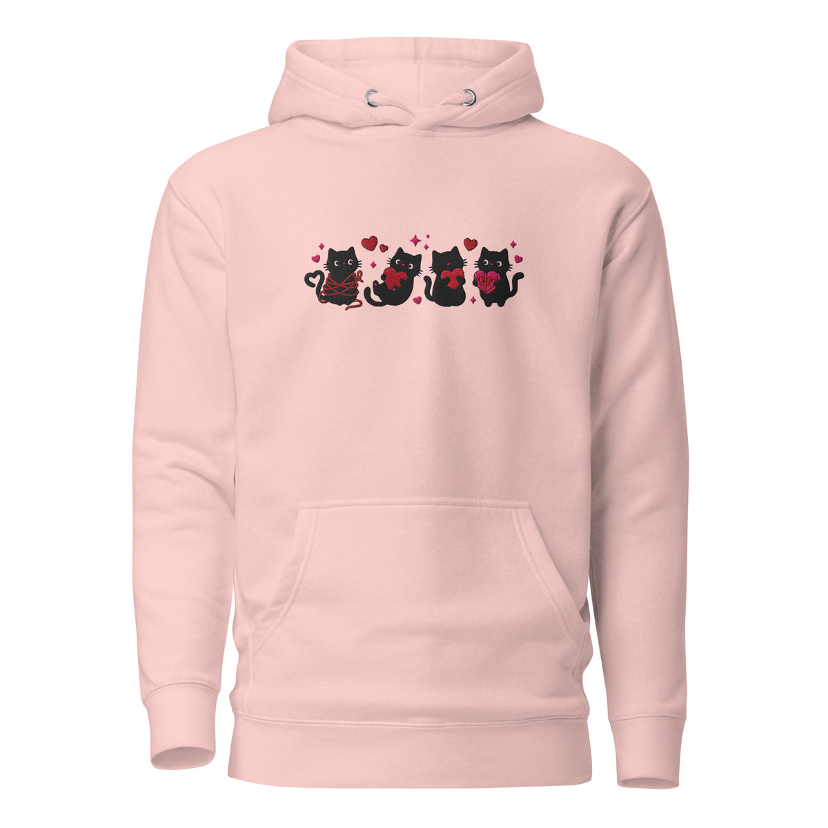 Black Cat Hearts Embroidered Hoodie | Kawaii Cat Valentine Pullover Sweatshirt - Spinsterly Co