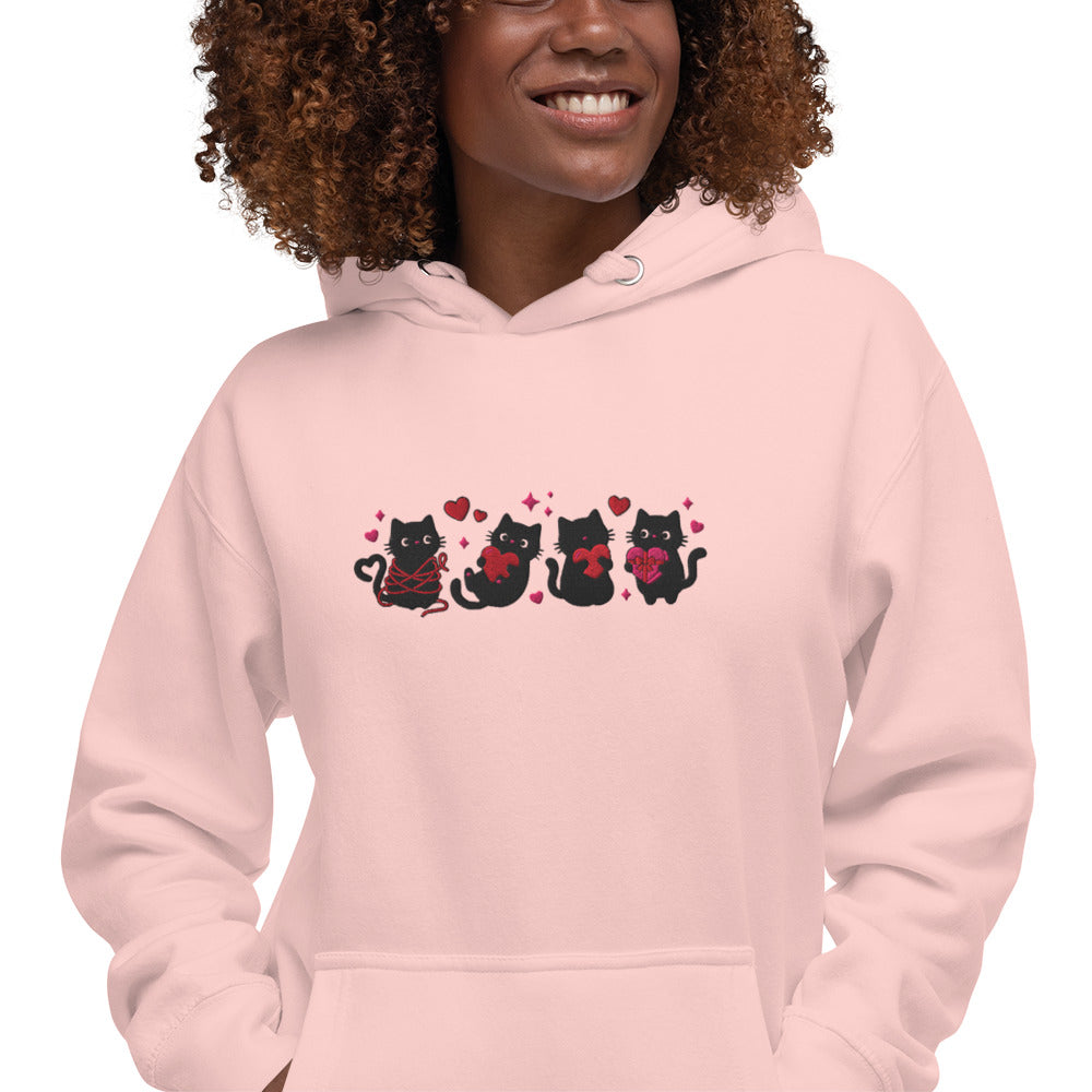 Black Cat Hearts Embroidered Hoodie | Kawaii Cat Valentine Pullover Sweatshirt - Spinsterly Co