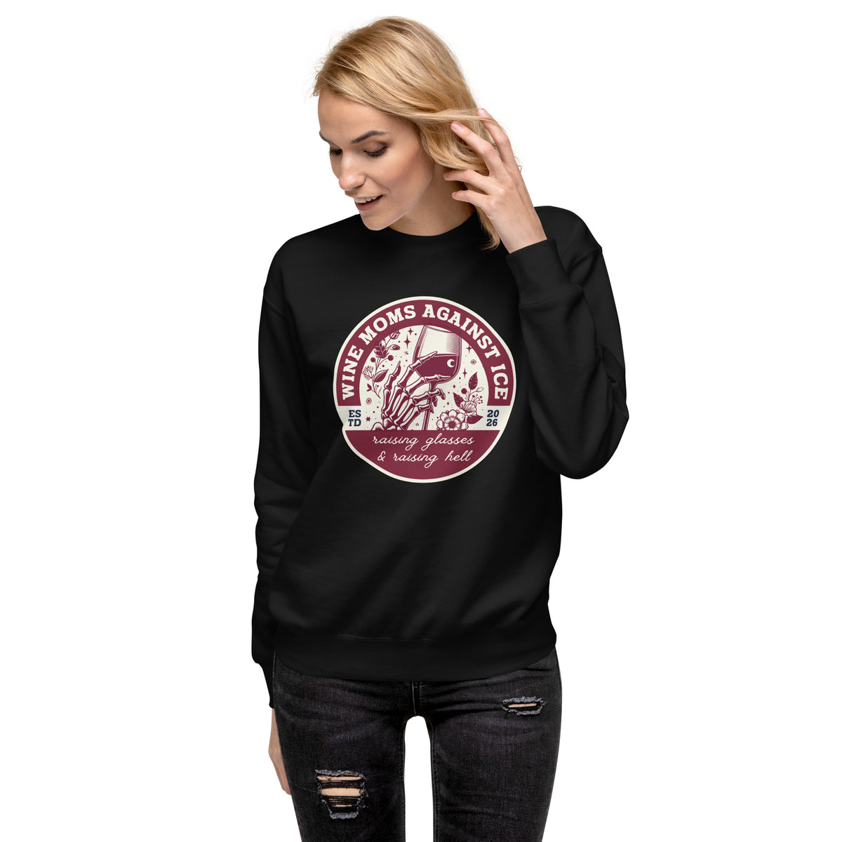 Wine Moms Against ICE Crew Neck Sweatshirt | Anti-ICE Political Statement Crewneck - Spinsterly Co