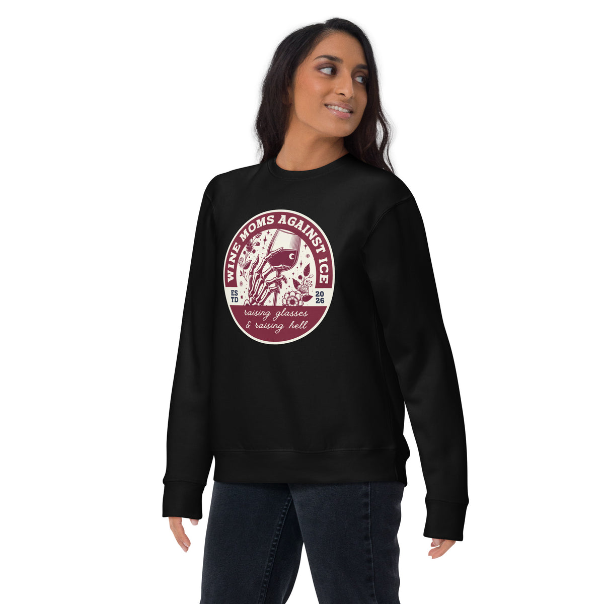 Wine Moms Against ICE Crew Neck Sweatshirt | Anti-ICE Political Statement Crewneck - Spinsterly Co