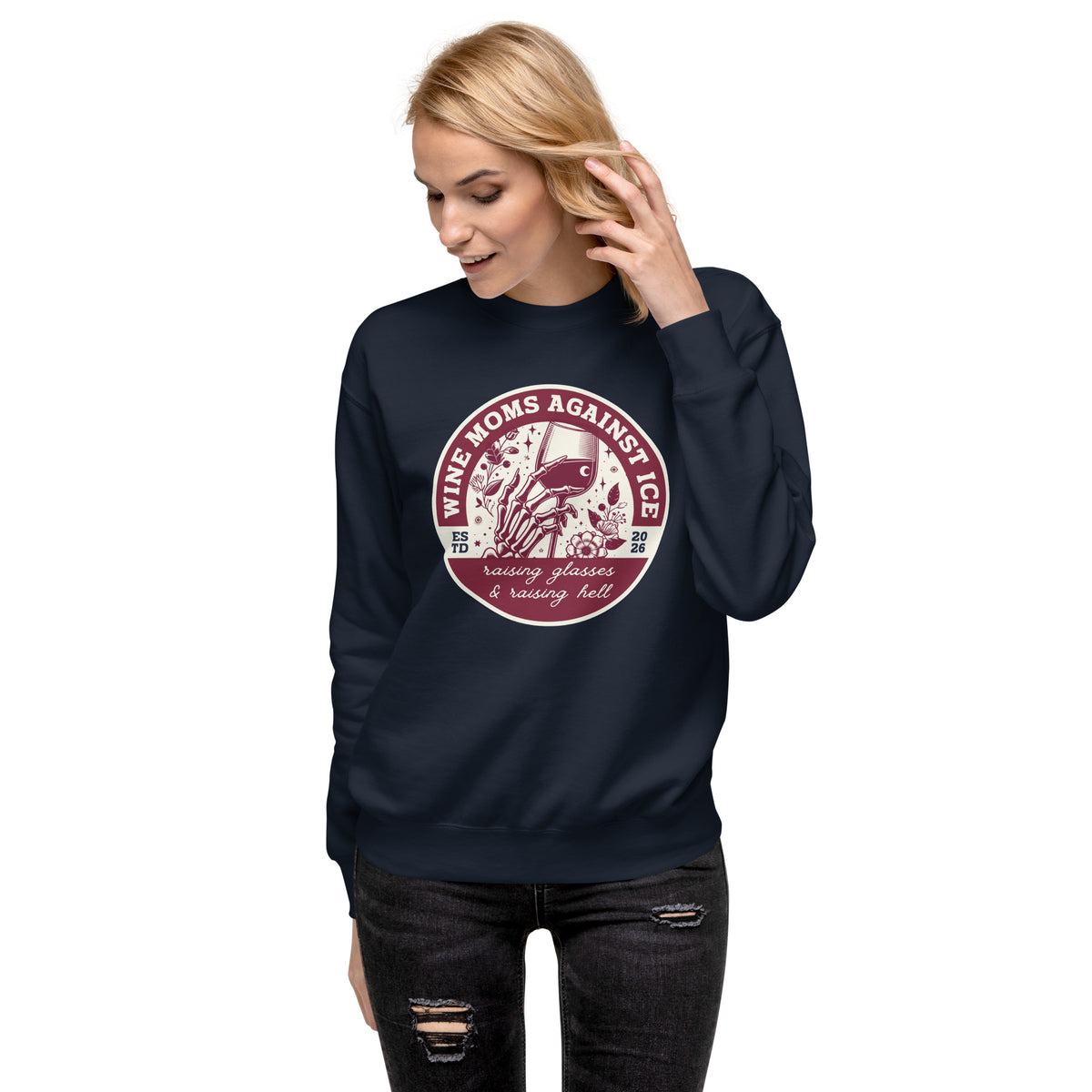 Wine Moms Against ICE Crew Neck Sweatshirt | Anti-ICE Political Statement Crewneck - Spinsterly Co