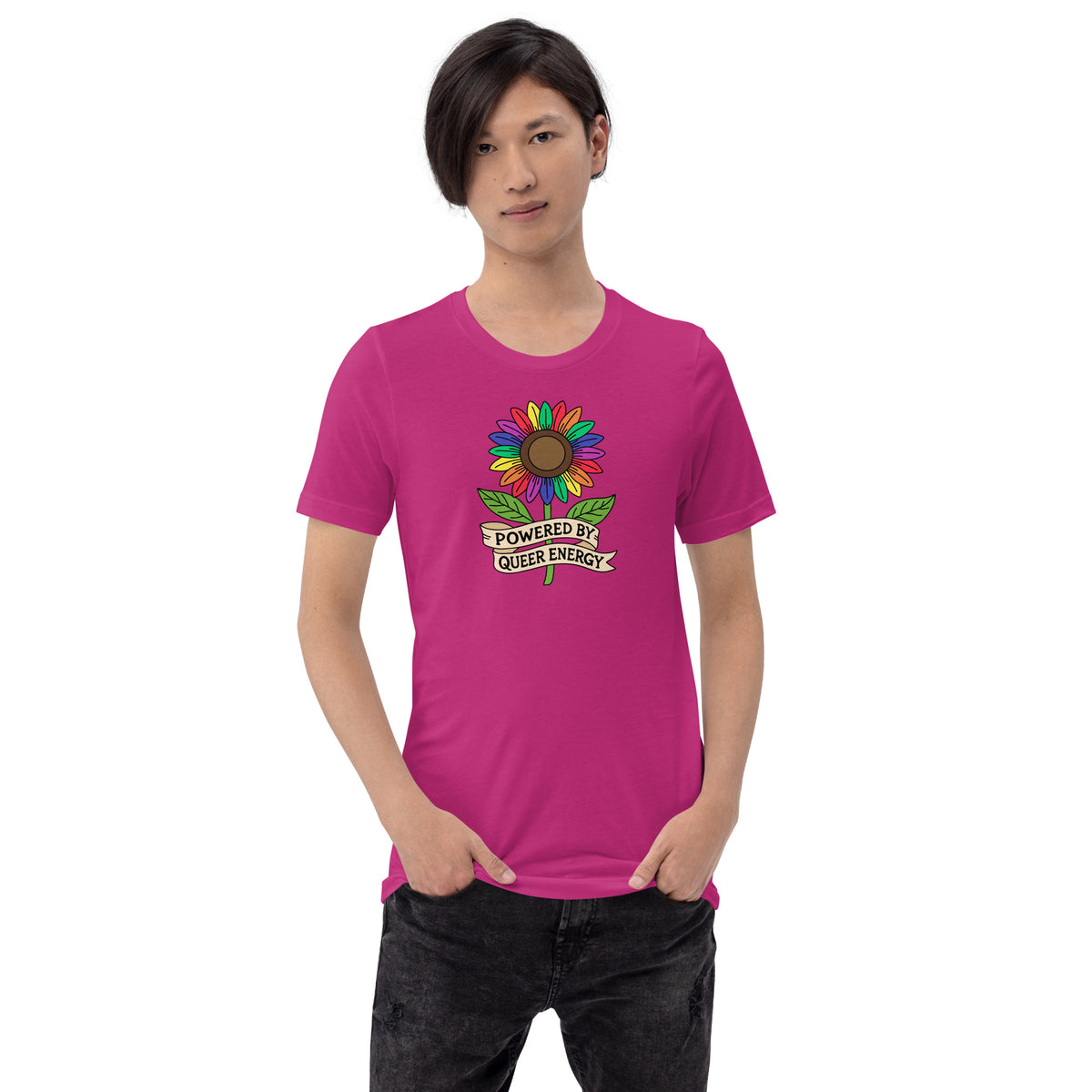 Powered by Queer Energy T-Shirt | Rainbow Sunflower LGBTQIA+ Pride Tee - Spinsterly Co