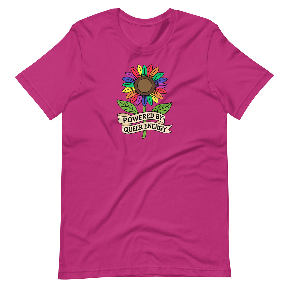 Powered by Queer Energy T-Shirt | Rainbow Sunflower LGBTQIA+ Pride Tee - Spinsterly Co