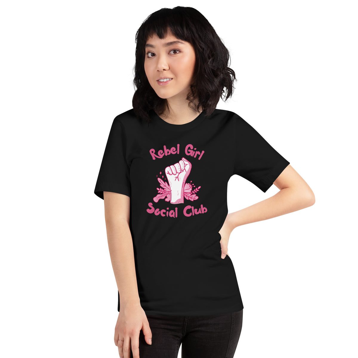 Rebel Girl Social Club T-Shirt | Feminist Raised Fist Pink Graphic Tee - Spinsterly Co