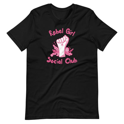 Rebel Girl Social Club T-Shirt | Feminist Raised Fist Pink Graphic Tee - Spinsterly Co