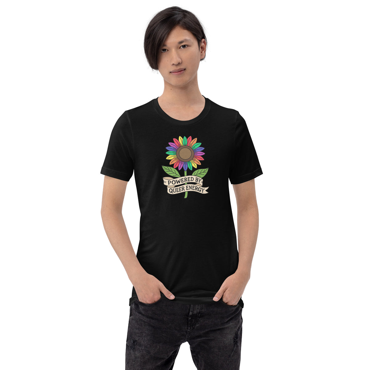 Powered by Queer Energy T-Shirt | Rainbow Sunflower LGBTQIA+ Pride Tee - Spinsterly Co