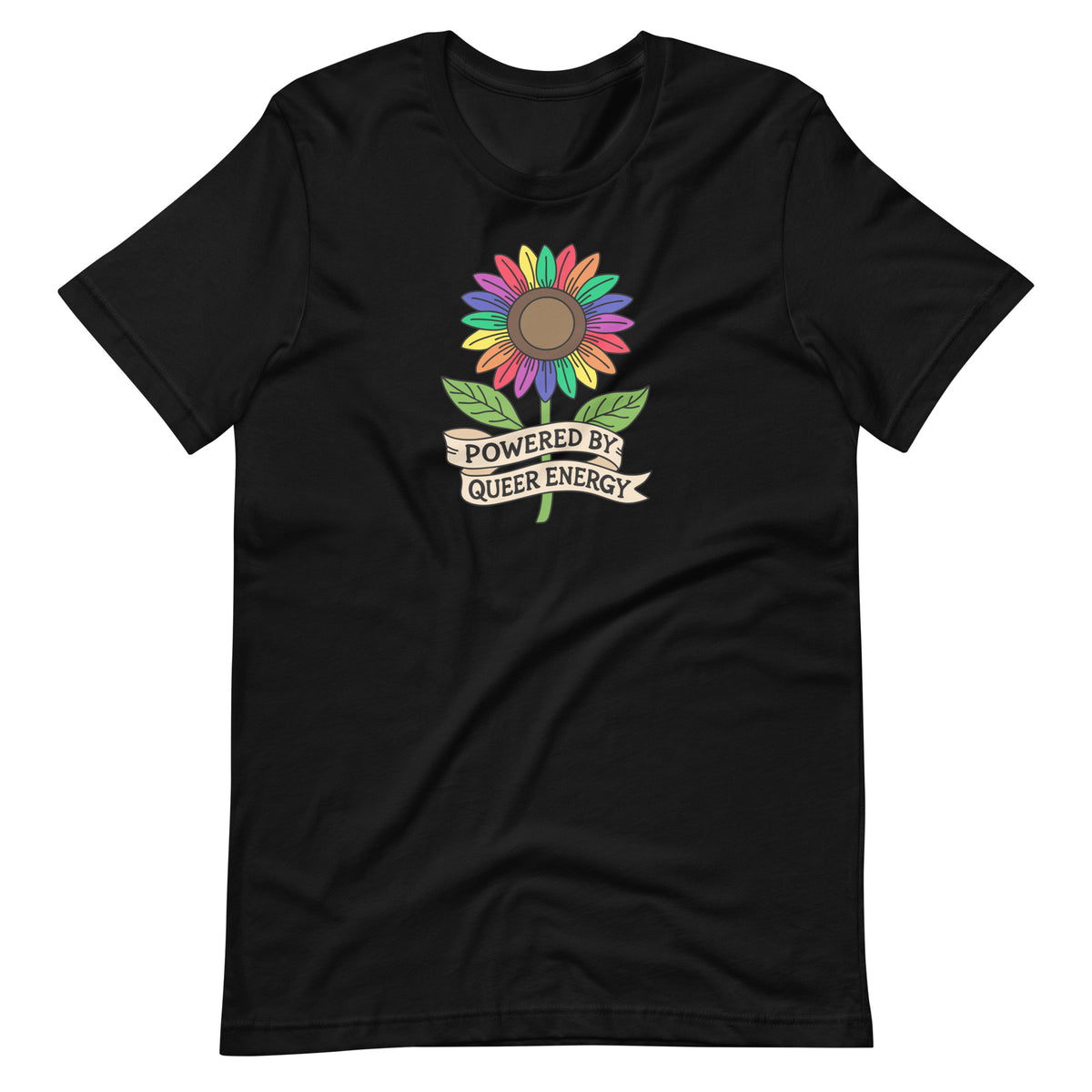 Powered by Queer Energy T-Shirt | Rainbow Sunflower LGBTQIA+ Pride Tee - Spinsterly Co