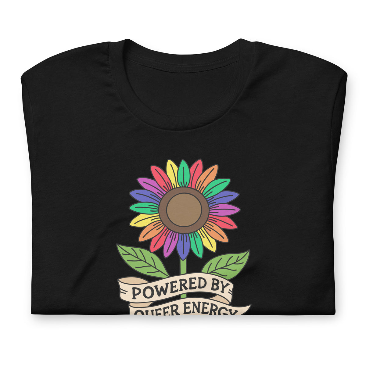 Powered by Queer Energy T-Shirt | Rainbow Sunflower LGBTQIA+ Pride Tee - Spinsterly Co