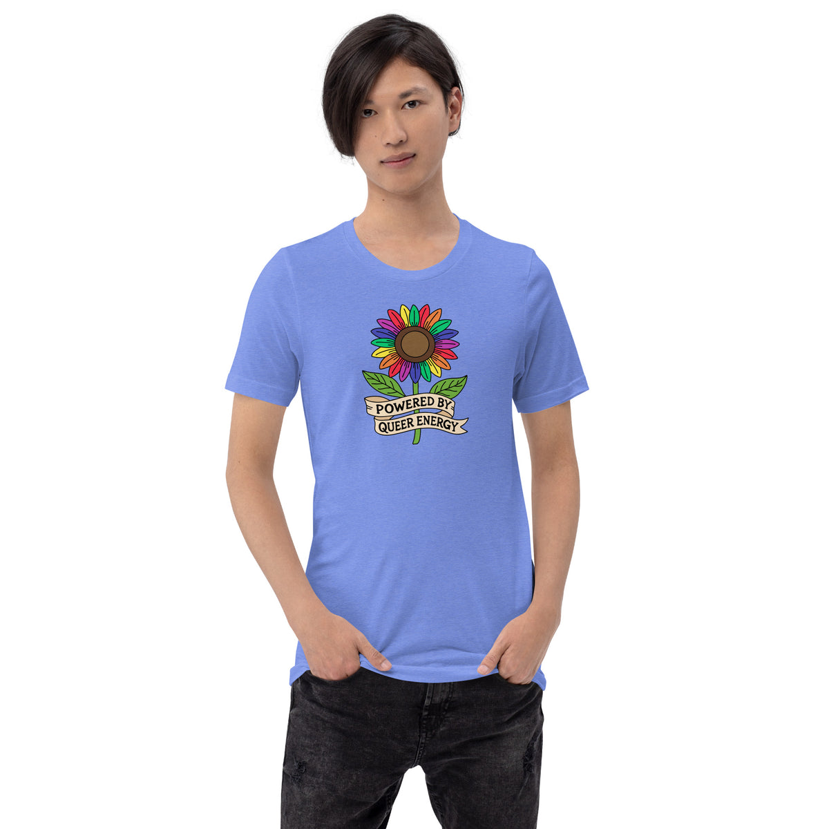 Powered by Queer Energy T-Shirt | Rainbow Sunflower LGBTQIA+ Pride Tee - Spinsterly Co