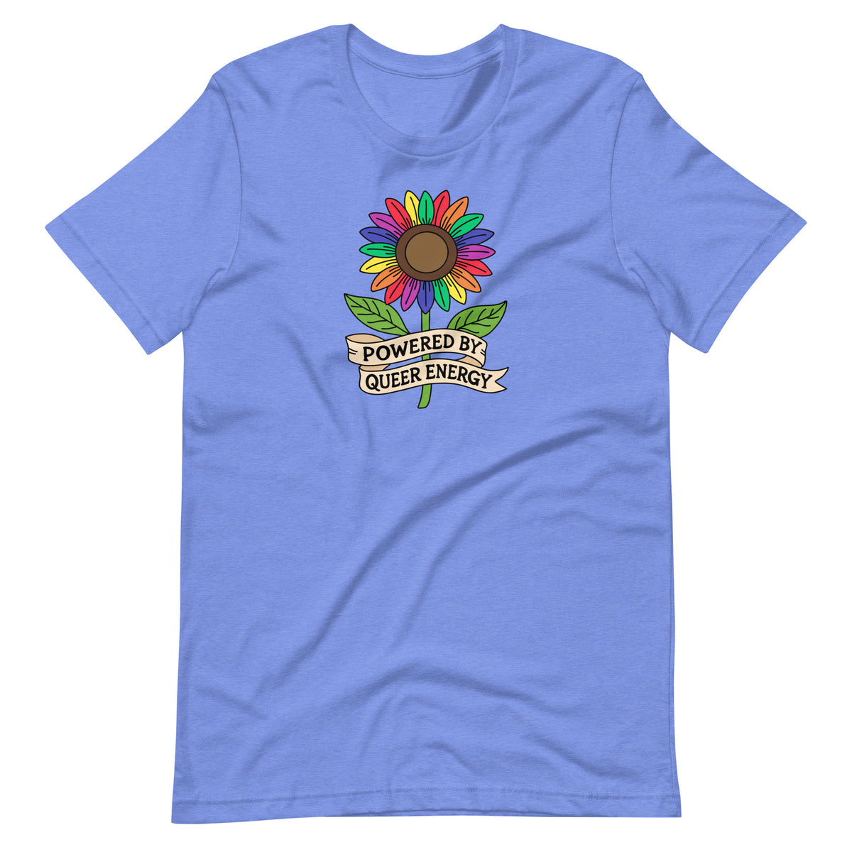 Powered by Queer Energy T-Shirt | Rainbow Sunflower LGBTQIA+ Pride Tee - Spinsterly Co