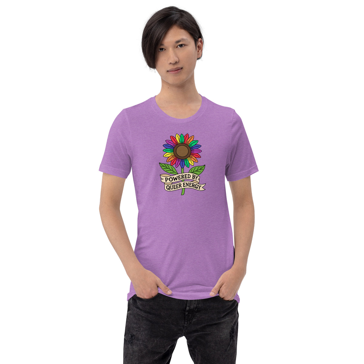 Powered by Queer Energy T-Shirt | Rainbow Sunflower LGBTQIA+ Pride Tee - Spinsterly Co