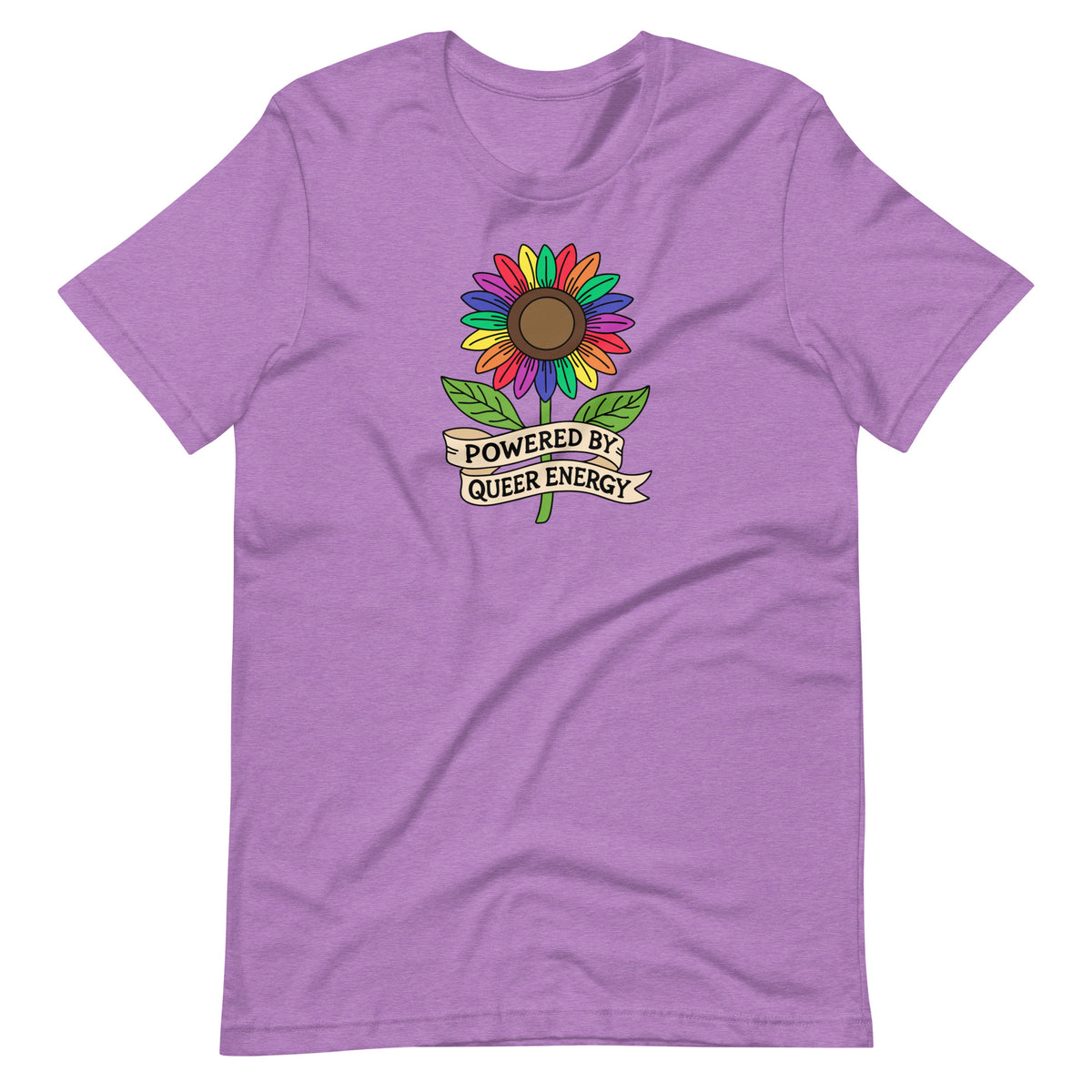 Powered by Queer Energy T-Shirt | Rainbow Sunflower LGBTQIA+ Pride Tee - Spinsterly Co